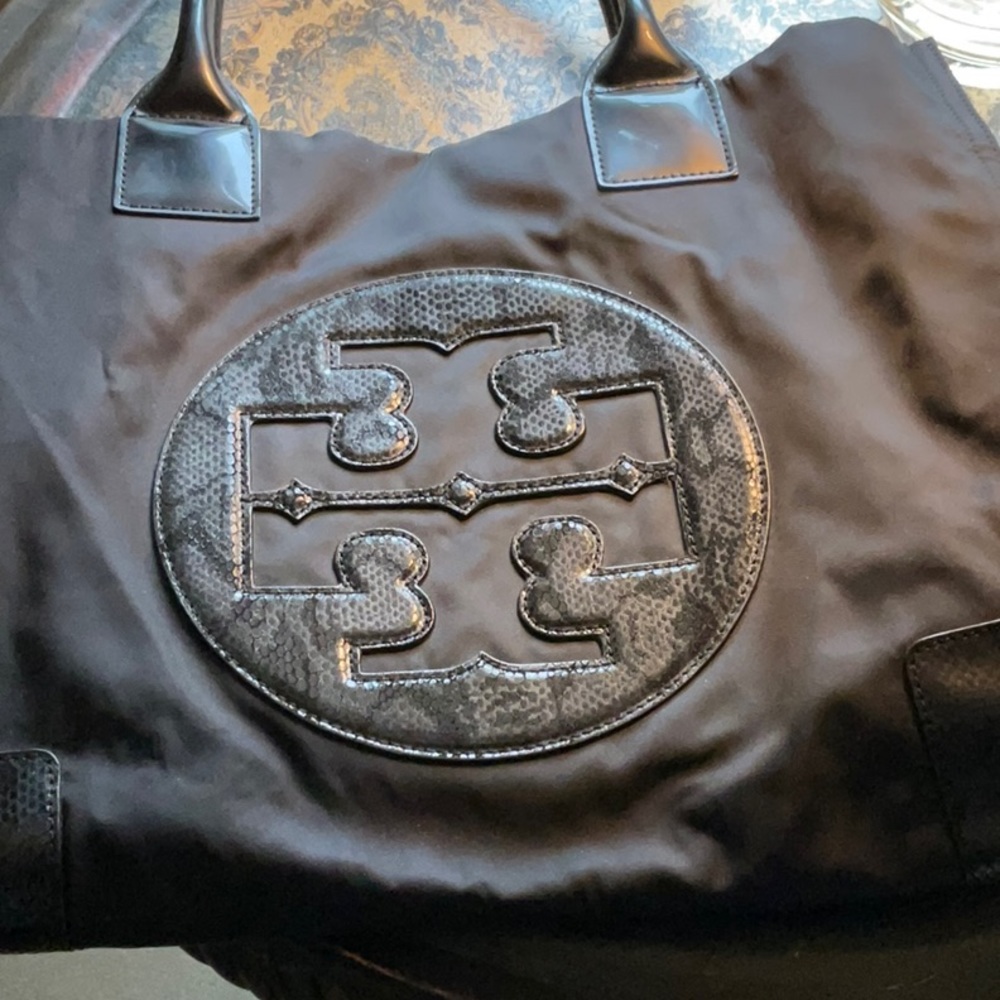 Black Ella tote with snakeskin and patent details